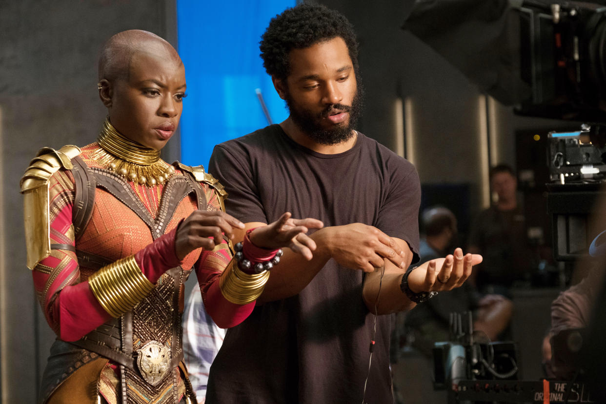 Danai Gurira and Ryan Coogler on the set of <em>Black Panther</em>. (Photo: Matt Kennedy/Marvel Studios/Courtesy Everett Collection