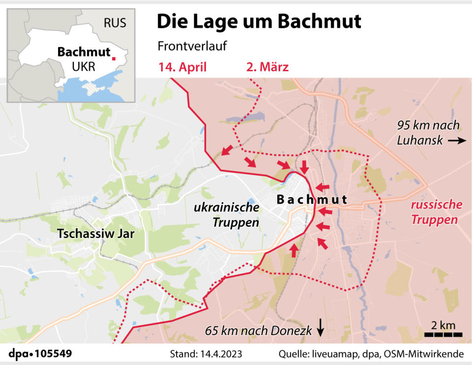 "Die Lage um Bachmut"; Grafik: P. Massow/A. Brühl; Redaktion: B. Schaller