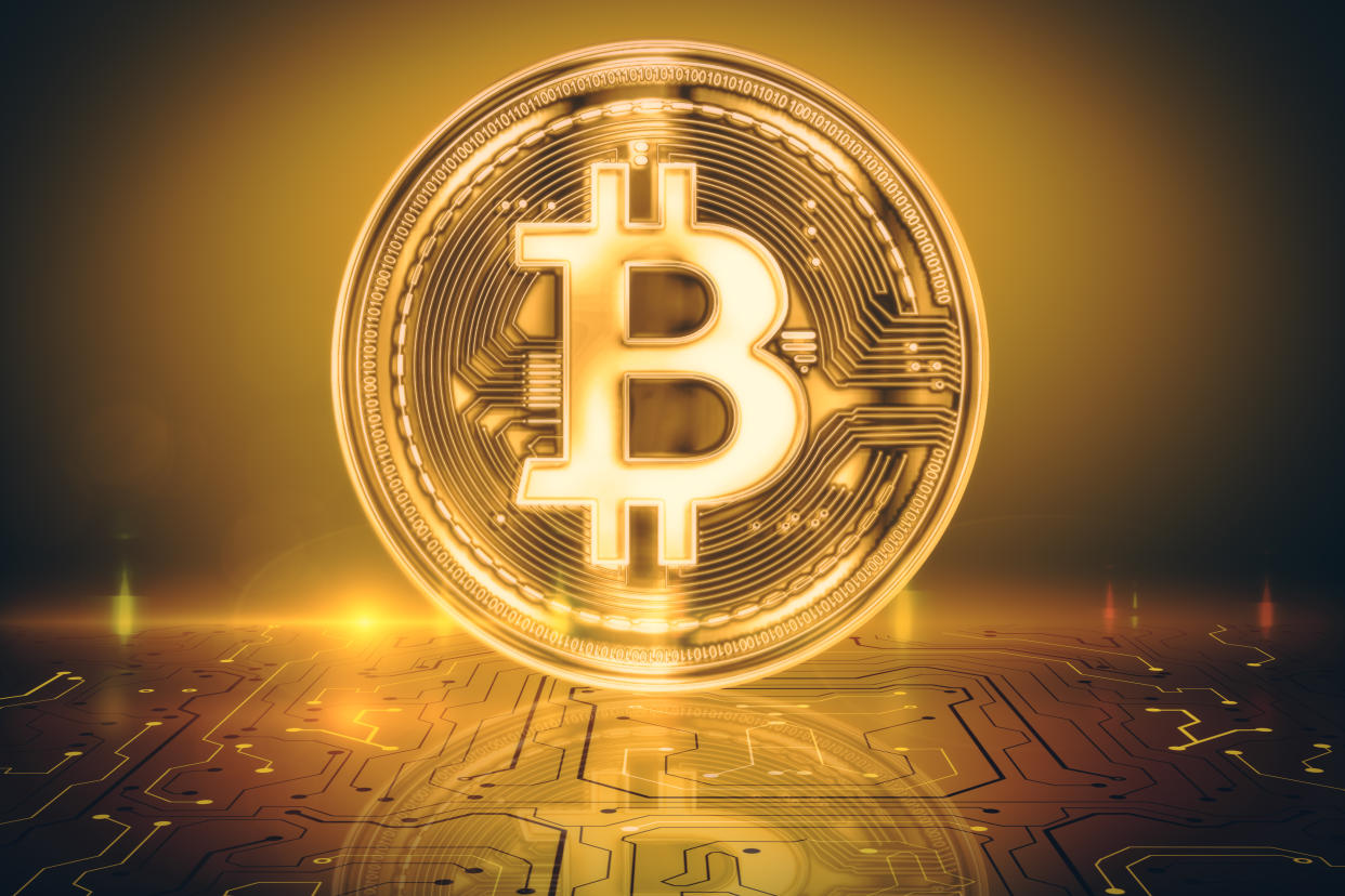 Creative glowing golden shiny bitcoin background. Cryptocurrency and e-commerce concept. 3D Rendering