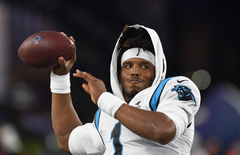 Aug 22, 2019; Foxborough, MA, USA; Carolina Panthers quarterback Cam Newton (1) warms up prior to the start of a game against the New England Patriots at Gillette Stadium. Mandatory Credit: Bob DeChiara-USA TODAY Sports