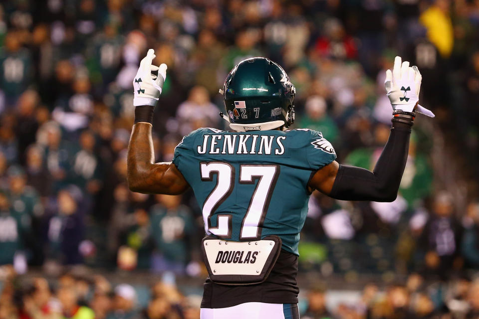 Eagles safety Malcolm Jenkins wore a shirt that read “You Aren’t Listening” before their preseason game on Thursday night against the New England Patriots. (Getty Images)