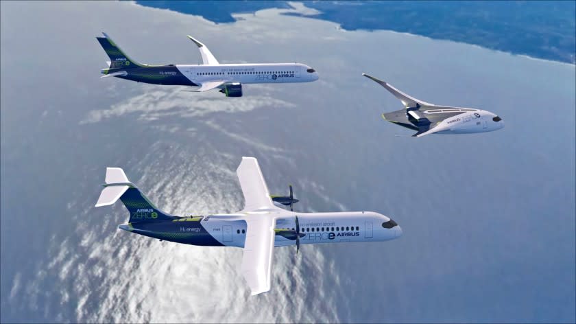 Rendering of Airbus's hydrogen-powered concept planes. The aircraft maker is aiming to develop a zero-emissions plane that could enter commercial service by 2035. (Airbus)