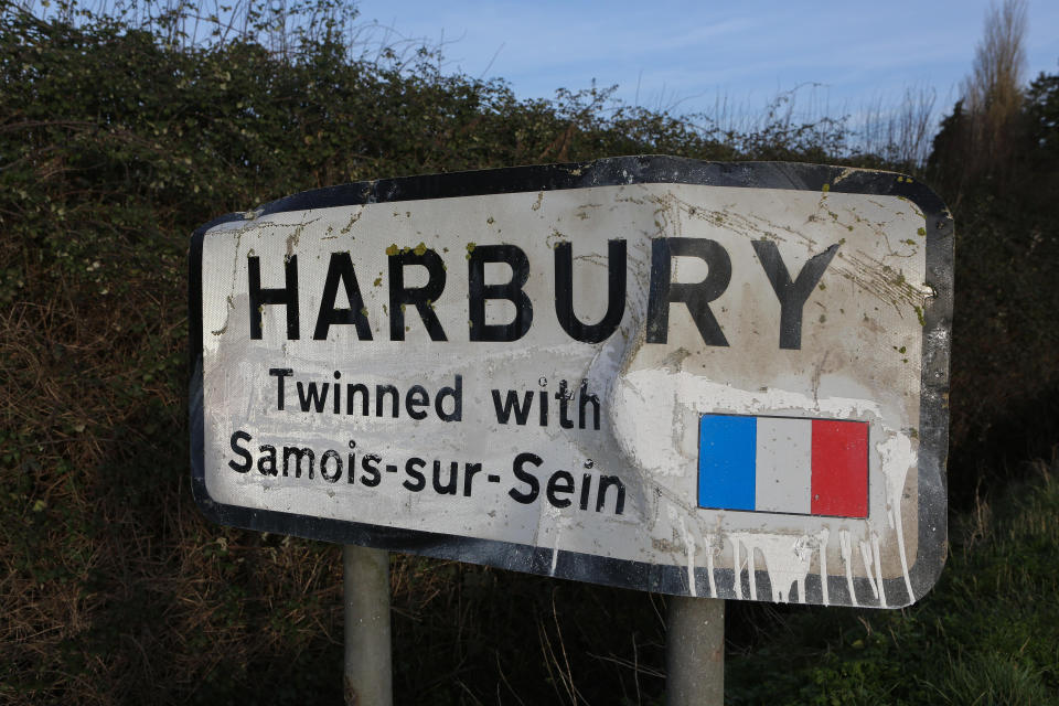 Harbury village sign that had paint removed after it was vandalised (Picture: SWNS