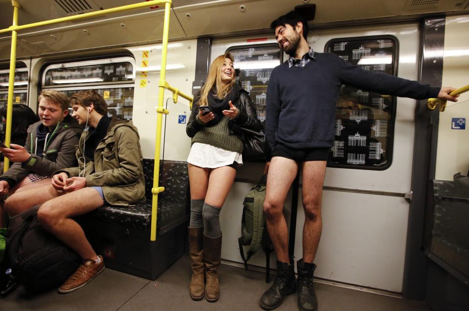 Passengers without their pants use a subway train during the "No Pants Subway Ride" in Berlin