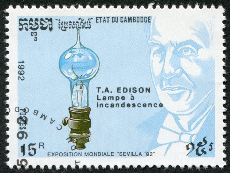 <span class="caption">Going global: a Cambodian stamp commemorates Edison’s invention of the light bulb.</span> <span class="attribution"><a class="link " href="https://www.shutterstock.com/image-photo/kampucheacirca-1992-stamp-printed-cambodia-devoted-78707776" rel="nofollow noopener" target="_blank" data-ylk="slk:shutterstock;elm:context_link;itc:0;sec:content-canvas">shutterstock</a></span>
