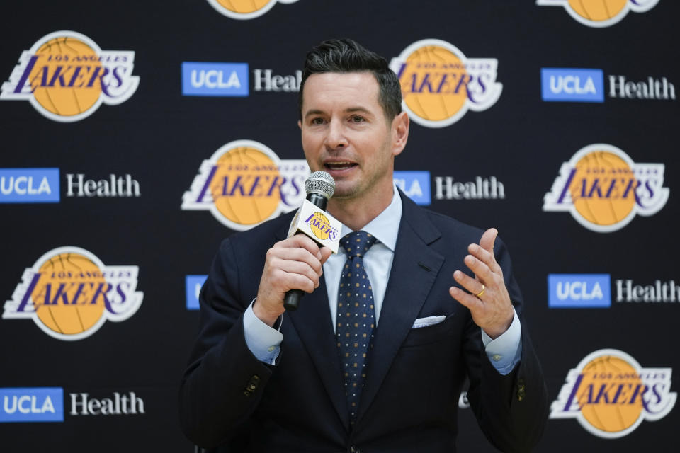 JJ Redick speaks after being introduced as the new head coach of the Los Angeles Lakers NBA basketball team Monday, June 24, 2024, in El Segundo, Calif. (AP Photo/Damian Dovarganes)