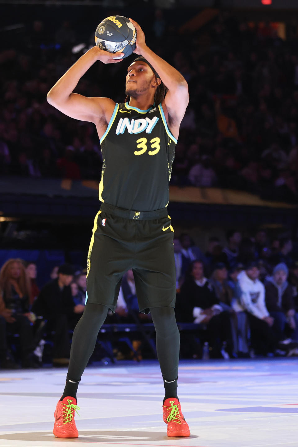 INDIANAPOLIS, INDIANA - FEBRUARY 17: Myles Turner #33 of the Indiana Pacers participates in the 2024 Kia Skills Challenge during the State Farm All-Star Saturday Night at Lucas Oil Stadium on February 17, 2024 in Indianapolis, Indiana. NOTE TO USER: User expressly acknowledges and agrees that, by downloading and or using this photograph, User is consenting to the terms and conditions of the Getty Images License Agreement. (Photo by Stacy Revere/Getty Images)