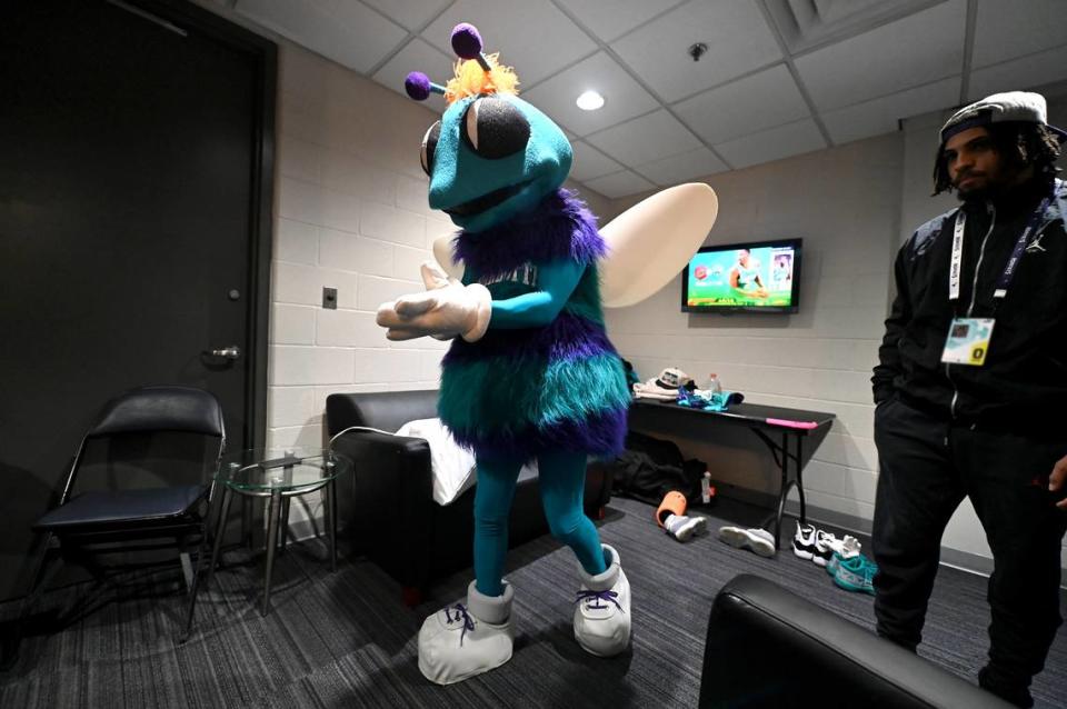 Charlotte Hornets mascot Hugo straightens his gloves as he leaves his dressing room at Spectrum Center in Charlotte, NC on Friday, March 15, 2024. JEFF SINER/jsiner@charlotteobserver.com