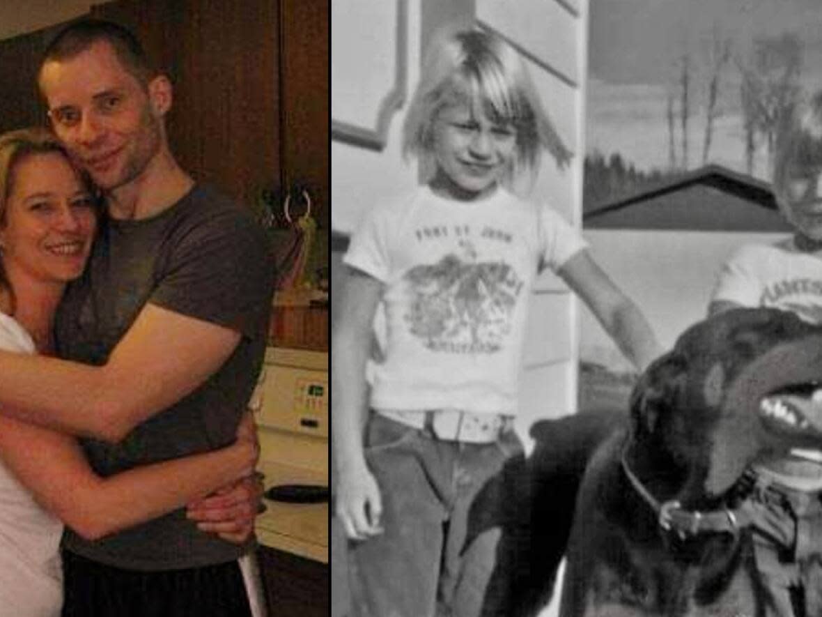 Lisa Meyer and her brother Chris Jonasson as adults (left), and as children (right). Jonasson was living on Edmonton streets when he died in September 2023. (Lisa Meyer - image credit)