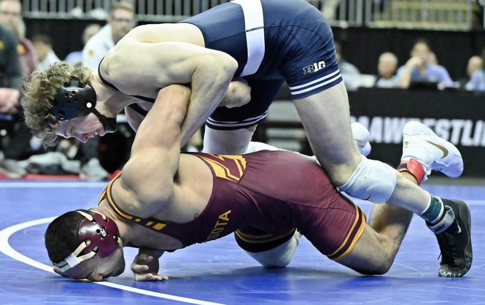 Penn State’s Bernie Truax controls Minnesota’s Isaiah Salazar in their 184 pound fifth place match of the NCAA Championships on Saturday, March 23, 2024 at T-Mobile Center in Kansas City, Mo. Truax shutout Salazar, 12-0, to finish fifth in his final tournament.