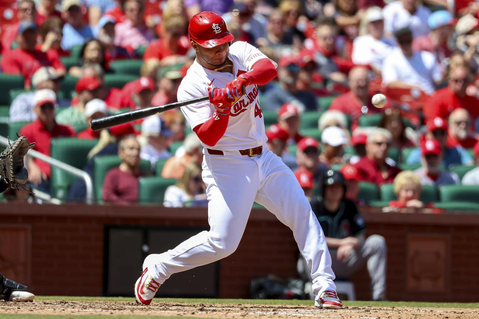 St. Louis Cardinals' Willson Contreras hits a double during the sixth inning of a baseball game against the Arizona Diamondbacks, Wednesday, April 24, 2024, in St. Louis. (AP Photo/Scott Kane)