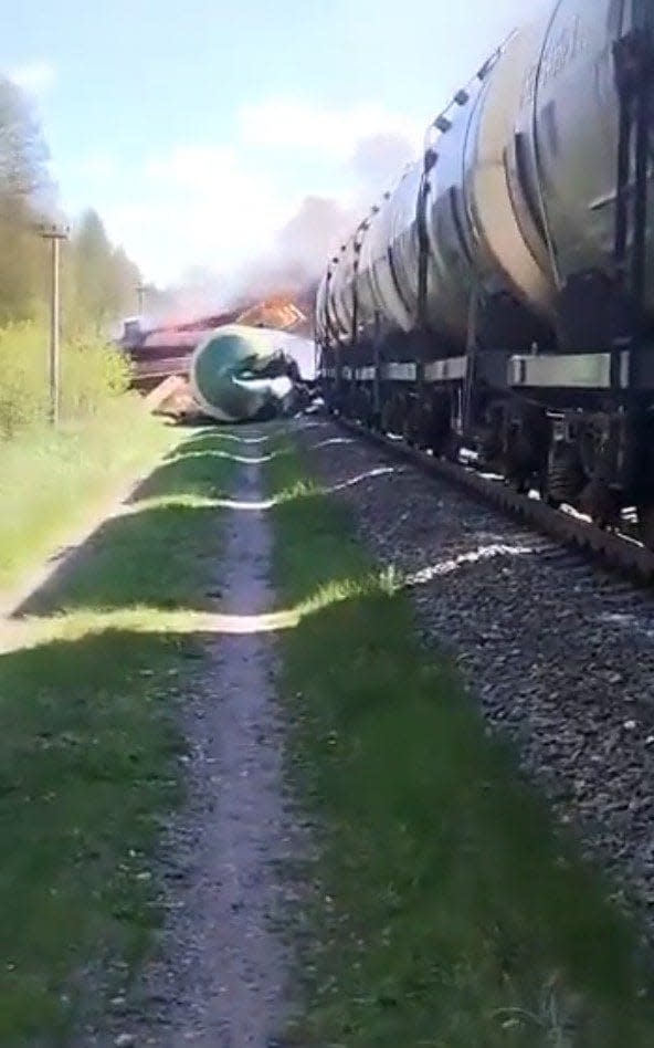 The train derailed in the Bryansk region of the Russian Federation - Video from Telegram channel "Baza", Video grab from, Українська правда ✌️, @ukrpravda_news/Video from Telegram channel "Baza", Video grab from, Українська правда ✌️, @ukrpravda_news