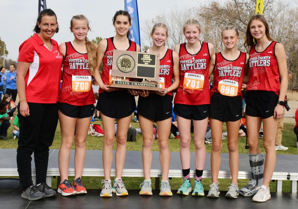 Potter County captured the Class B girls championship during the 2022 State High School Cross Country Championships on Saturday, Oct. 22, 2022 at Broadland Creek Golf Course in Huron.