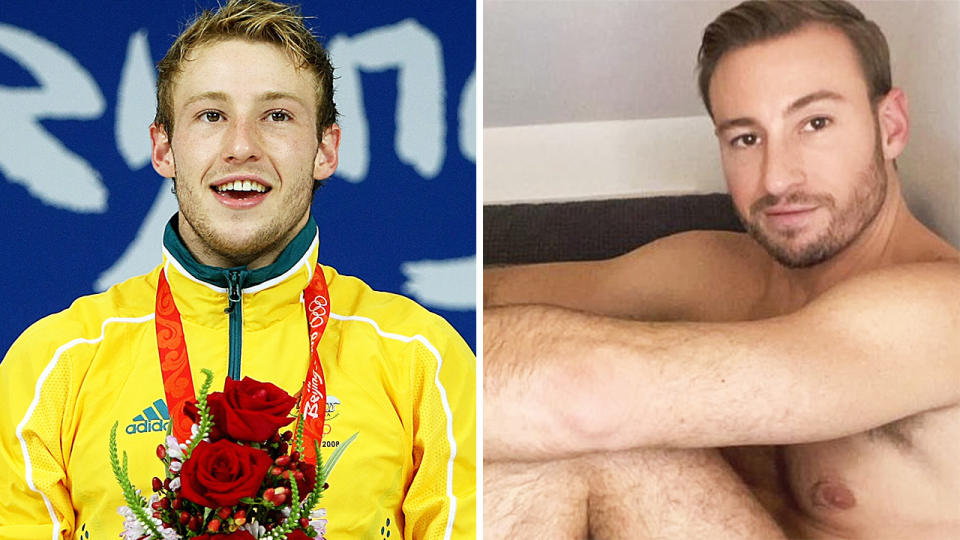 Matthew Mitcham is pictured on the 2008 Olympic podium on the left, and posing for his Instagram page on the right.