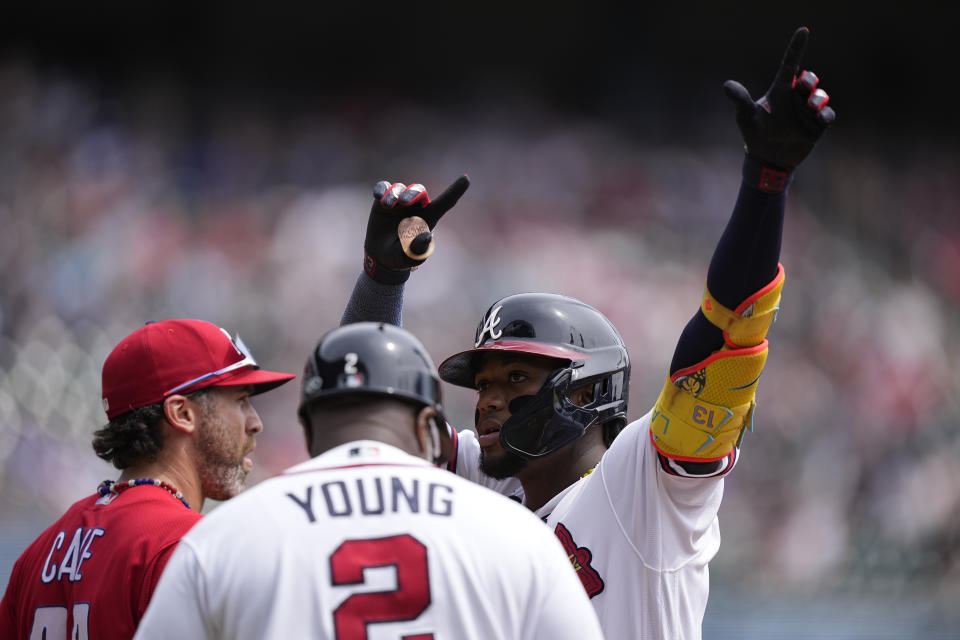 Atlanta Braves' Ronald Acuna Jr. (13) reacts after hitting a single in the fourth inning of a baseball game against the Philadelphia Phillies, Wednesday, Sept. 20, 2023, in Atlanta. (AP Photo/Brynn Anderson)