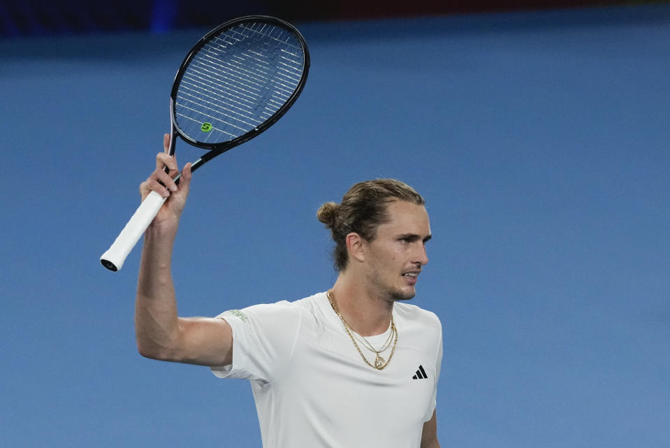 Germany's Alexander Zverev celebrates after defeating Poland's Hubert Hurkacz in the final of the United Cup in Sydney, Australia, Sunday, Jan. 7, 2024. (AP Photo/Mark Baker)