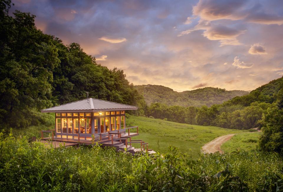 The Meadow House at Anaway Place near Richland Center features four walls of glass panels for taking in views of the surrounding Driftless Area hills.