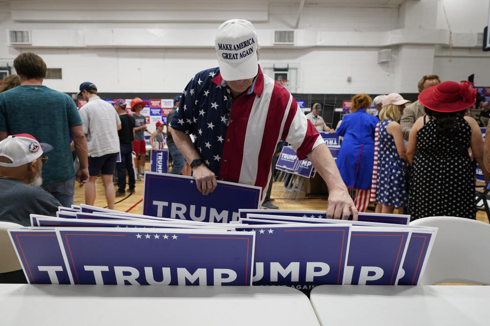 Volunteers for former President Donald Trump visits gather at the Grimes Community Complex Park, Thursday, June 1, 2023, in Des Moines, Iowa. (AP Photo/Charlie Neibergall)