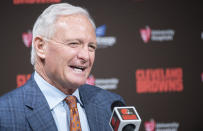 Jimmy Haslam, owner of the Cleveland Browns NFL football team, answers questions at a news conference introducing new head coach Kevin Stefanski at FirstEnergy Stadium in Cleveland, Tuesday, Jan. 14, 2020. (AP Photo/Phil Long)