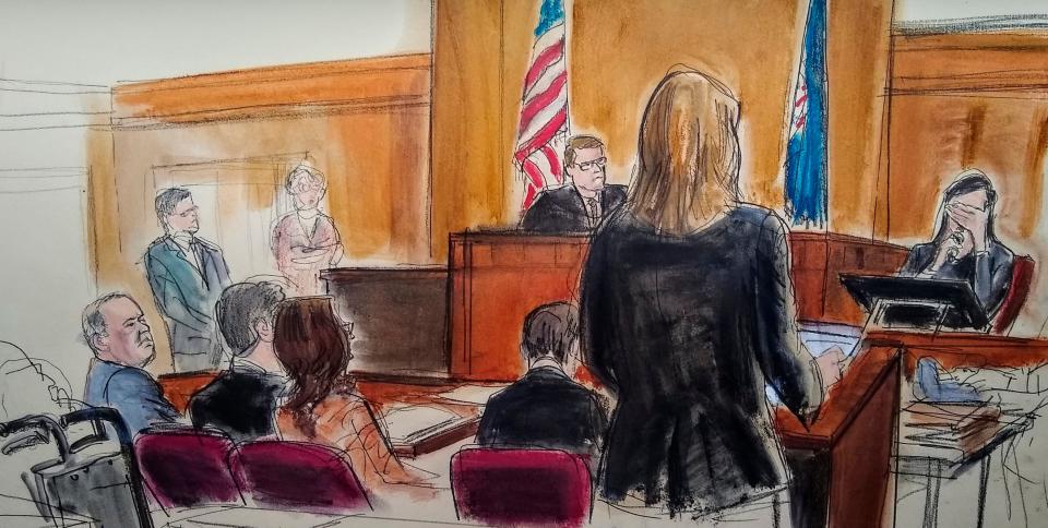 In courtroom sketch, accuser Jessica Mann weeps as she testifies at the Harvey Weinstein sex-crimes trial, Jan. 31, 2020, in New York.