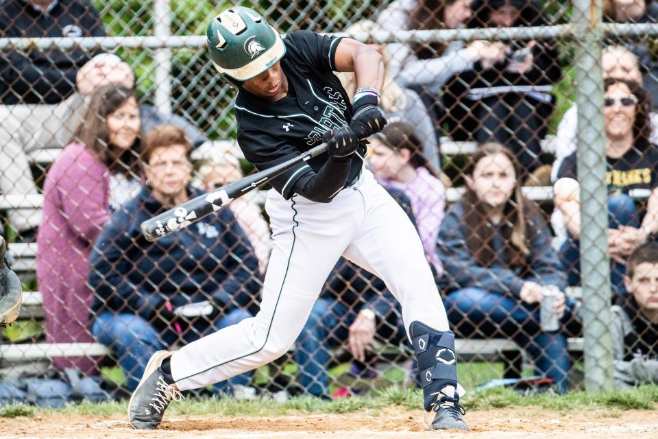 Delaware Military Academy junior Caleb King is at bat during the baseball game against St. Mark's at the National Little League in Newark, Thursday, April 27, 2023. DMA won 4-0.