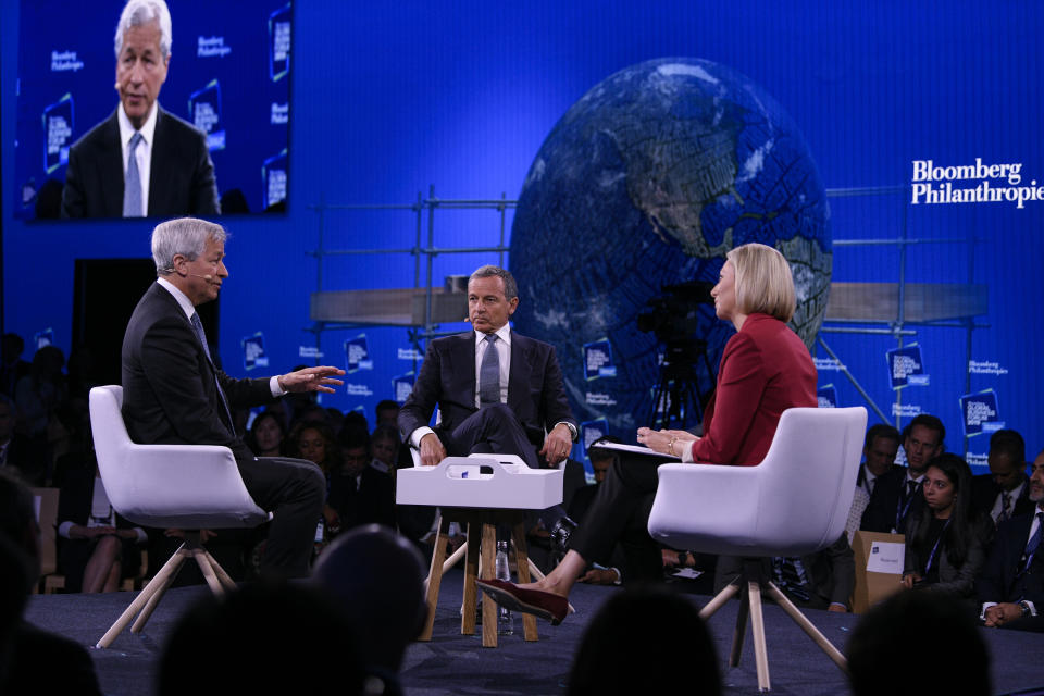 Francine Lacqua of Bloomberg TV with Bob Iger, Chairman and CEO of The Walt Disney Company, and Jamie Dimon, Chairman and CEO of JPMorgan Chase, at the 3rd annual Bloomberg Global Business Forum in New York City on September 25, 2019 at The Plaza Hotel. (Source: Bloomberg Philanthropies) 