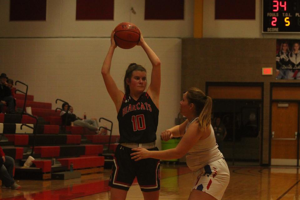 Senior guard/forward Lindsey Nyhagen attempts to make a pass against Dunseith.