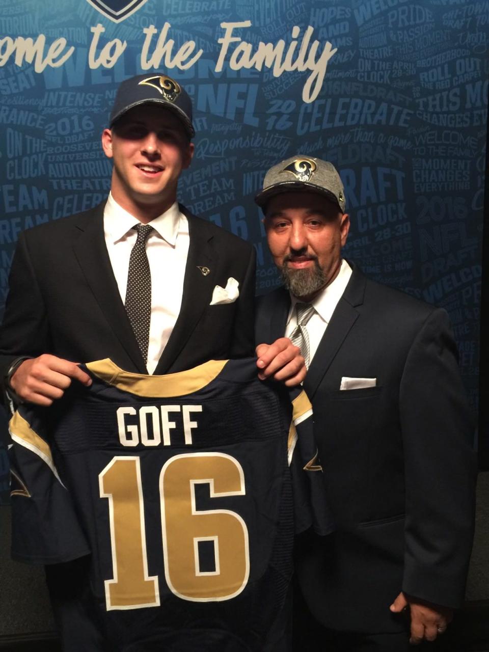 Jared Goff poses with his high school coach, Mazi Moayed, after getting drafted No. 1 overall in the 2016 NFL draft.