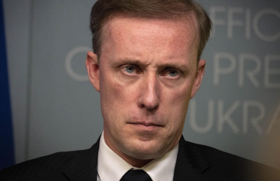 White House national security adviser Jake Sullivan, holds a presser with Andriy Yermak, Head of the Office of the President of Ukraine in Kyiv, Ukraine, Friday, Nov. 4, 2022. (AP Photo/Efrem Lukatsky)