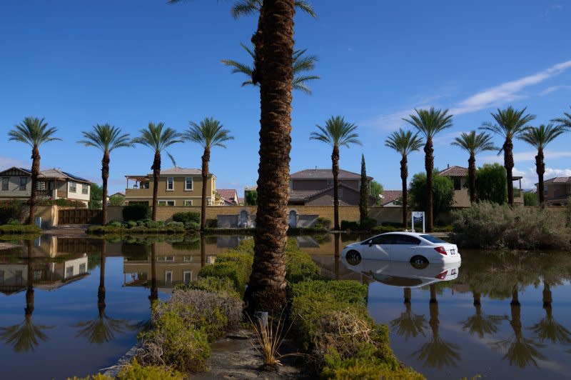 A car is submerged in one of the flooded areas of Cathedral City, Calif., on Monday. As dawn broke across the Los Angeles region after Hilary crossed the area late on Sunday, onlookers were met by scenes of widespread flooding and mudslides. Photo by Allison Dinner/EPA-EFE