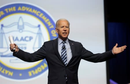 Democratic U.S. Presidential candidate Joe Biden addresses the audience during the Presidential candidate forum at the annual convention of the National Association of the Advancement of Colored People (NAACP) in Detroit,