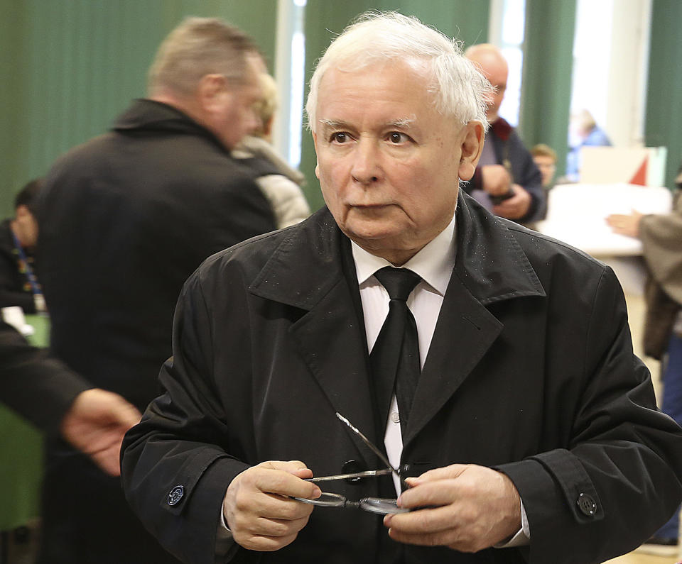 FILE- In this photo taken Oct. 21, 2018 in Warsaw, Poland, is seen the leader of Poland's ruling party Jaroslaw Kaczynski as he casts his ballot in local elections. Kaczynski, whose public image is of restraint and honesty, is at the center of a scandal involving him negotiating a multi-million euro construction project, even though the law bans political parties from doing business.(AP Photo/Czarek Sokolowski)