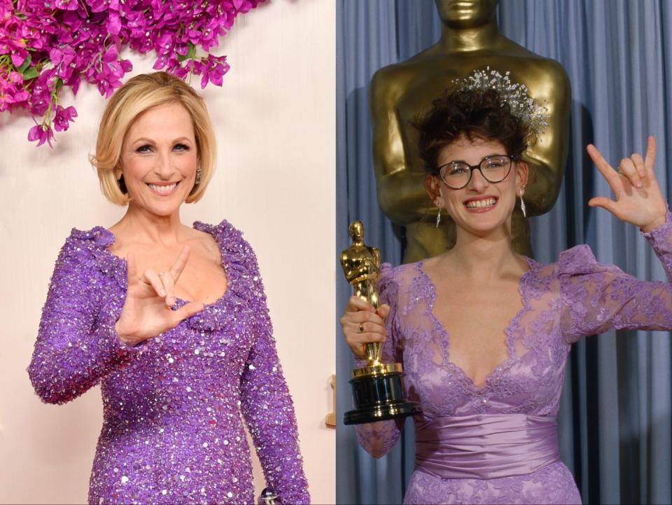 Composite image of actor Marlee Matlin at the Oscars in 2024 and in 1987.