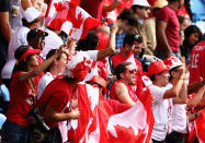 COVENTRY, ENGLAND - JULY 28: Canadian fans show their support during the Women's Football first round Group F Match of the London 2012 Olympic Games between Canada and South Africa, at City of Coventry Stadium on July 28, 2012 in Coventry, England. (Photo by Quinn Rooney/Getty Images)