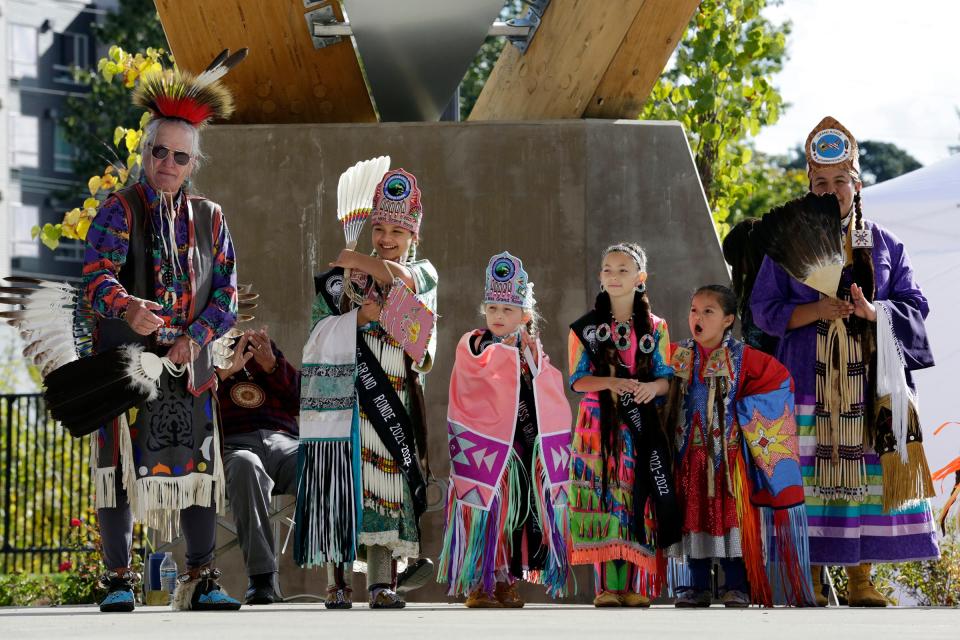 Members of the Grand Ronde Veterans Royalty cheer during Salem Indigenous Now's fourth annual Indigenous Peoples’ Day event on Monday.