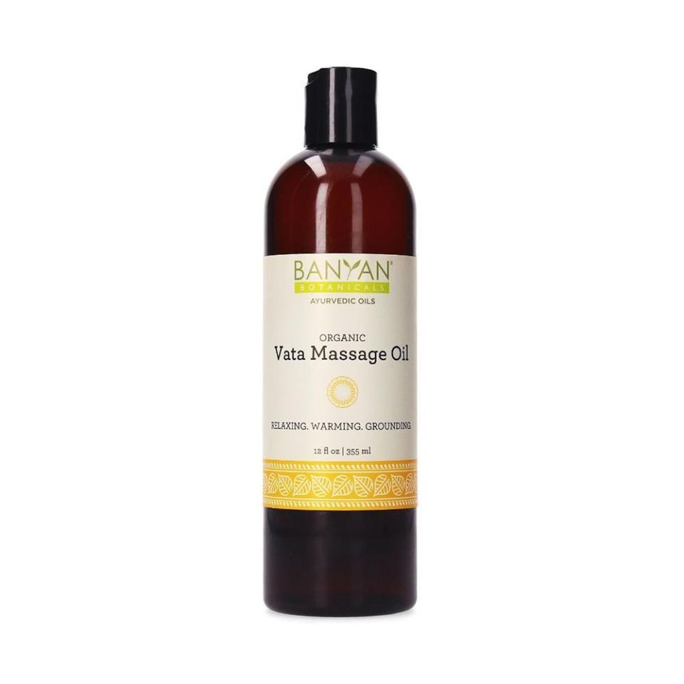 <p><a href="https://www.banyanbotanicals.com/vata-massage-oil/?product_sizes=51&gc_id=18271595940&gclid=Cj0KCQiA2KitBhCIARIsAPPMEhKNzfOiw8uUTTtgcF_gJVNWNH9yggf9U8BTUozJRSSrO0Uccwv_QZQaAlH5EALw_wcB" rel="nofollow noopener" target="_blank" data-ylk="slk:Shop Now;elm:context_link;itc:0;sec:content-canvas" class="link ">Shop Now</a></p><p>Vata Massage Oil</p><p>banyanbotanicals.com</p><p>$29.99</p><span class="copyright">Banyan Botanicals</span>