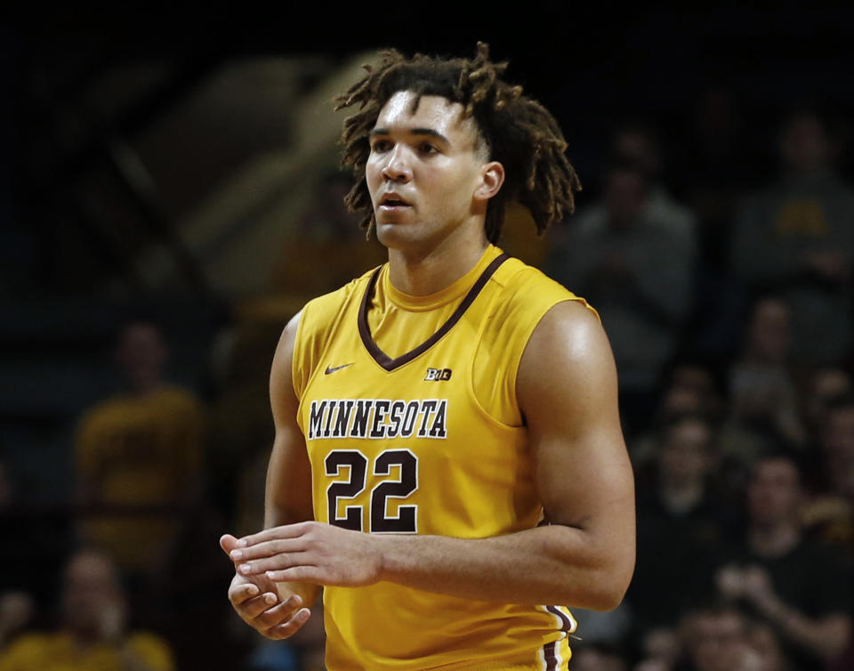 Minnesota center Reggie Lynch faces suspension over an alleged violation of the school’s sexual misconduct policy. (AP Photo/Jim Mone, File)