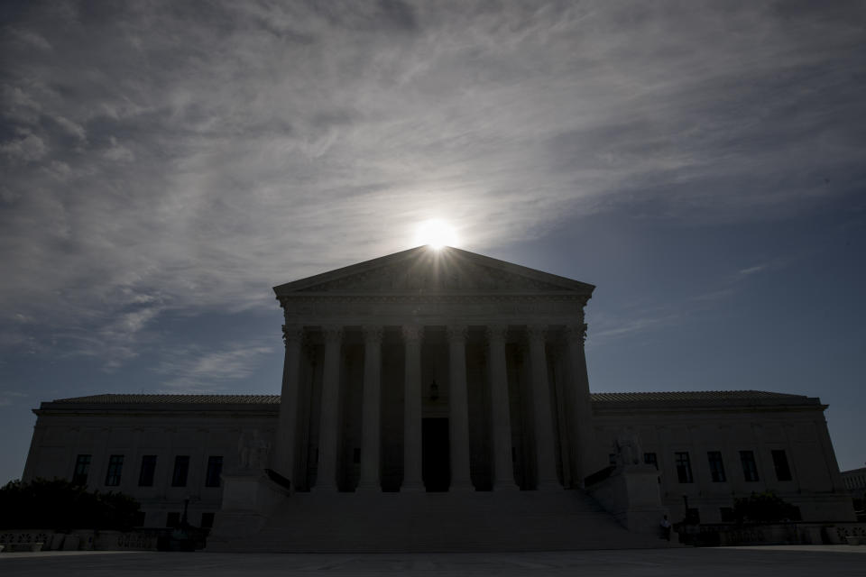 The Supreme Court where the justices will hold arguments by telephone for the first time ever, Monday, May 4, 2020, in Washington. (AP Photo/Andrew Harnik)