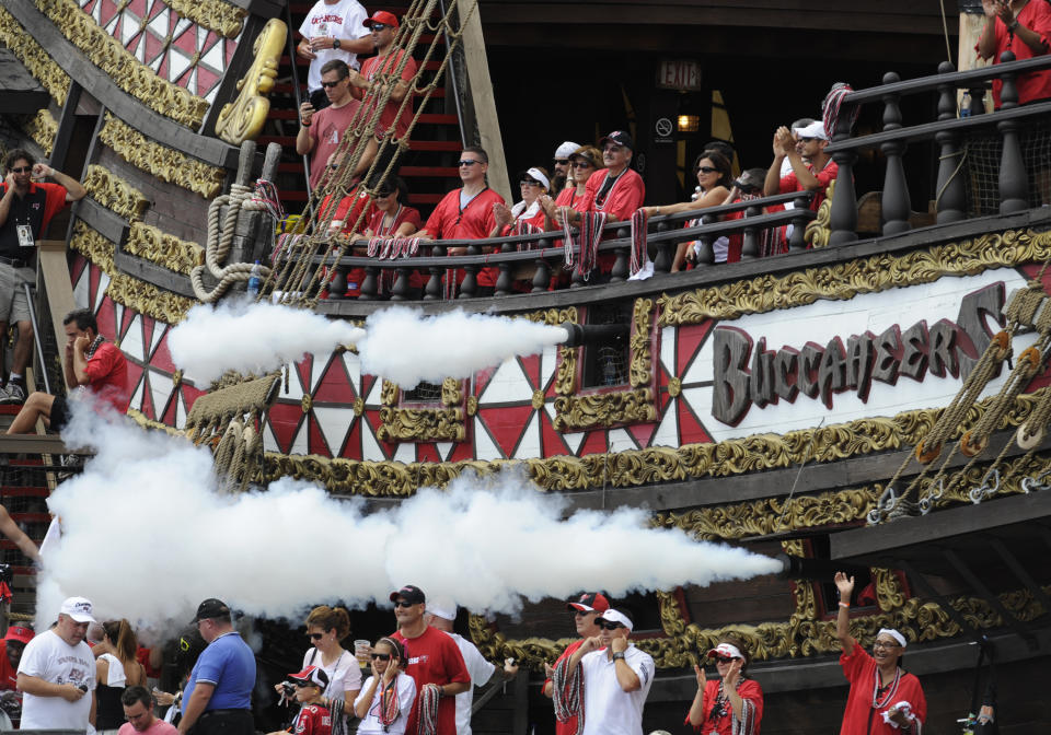 The pirate ship of the Tampa Bay Buccaneers celebrates a score with canon fire against the Atlanta Falcons at Raymond James Stadium on September 14, 2008 in Tampa, Florida.  (Photo by Al Messerschmidt/Getty Images)