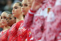 Gabrielle Douglas of the United States of America looks down at her teammates during introductions before the Artistic Gymnastics Women's Team final on Day 4 of the London 2012 Olympic Games at North Greenwich Arena on July 31, 2012 in London, England. (Photo by Ronald Martinez/Getty Images)