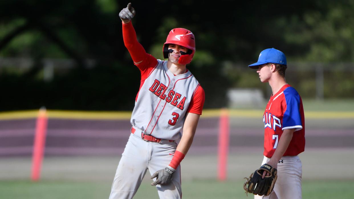 Delsea's Mike McGinley celebrates after hitting a RBI double during the Diamond Classic quarterfinal baseball game between Delsea and Washington Township played at Delsea High School on Wednesday, May 8, 2024. Delsea defeated Washington Township, 6-5.