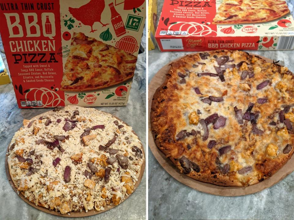 side by side photos of uncooked and cooked aldi barbecue chicken pizza