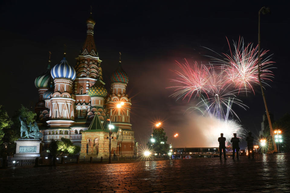<p>Ahead of the start of the 2018 World Cup, fireworks explode next to St Basil’s Cathedral in Red Square at the end of a concert to celebrate ‘Russia Day’ in Moscow, Russia. Since 1992 ‘Russia Day’ has been celebrated on June 12 as the Russian Federation’s national holiday. (Christopher Furlong/Getty Images) </p>