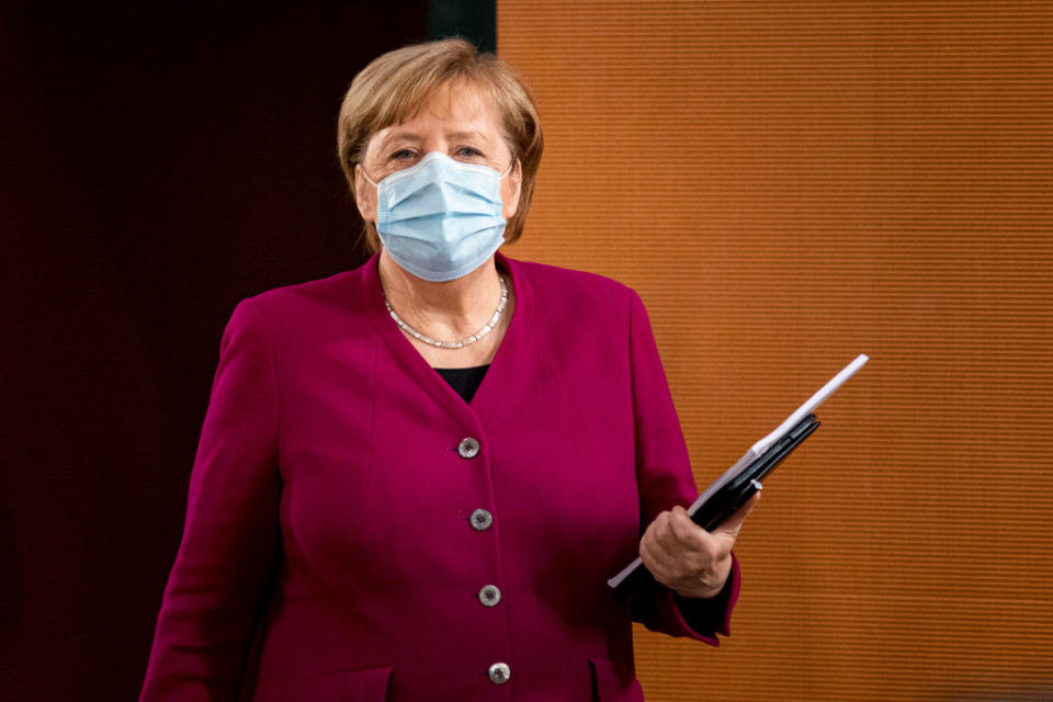 BERLIN, GERMANY - OCTOBER 14: German Chancellor Angela Merkel is pictured during the weekly meeting of the cabinet on October 14, 2020 in Berlin, Germany. (Photo by Florian Gaertner/Photothek via Getty Images)