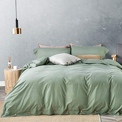 JELLYMONI Green 100% Washed Cotton Duvet Cover Set, 3 Pieces Luxury Soft Bedding Set with Buttons Closure. Solid Color Pattern Duvet Cover Queen Size(No Comforter) (Amazon / Amazon)