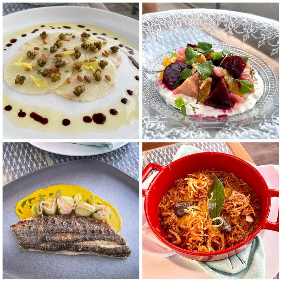 San Laurel’s specialities include, clockwise, celeriac carpaccio, stracciatella salad, vermicelli “mac ‘n cheese,” striped sea bass. - Credit: Pat Saperstein