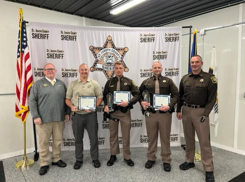 Deputies Jeff Bingaman, Travis Miller and Zach Radtke, with Undersheriff Jason Bingaman to the left and Capt. T.J. Baker on the right, were recognized as St. Joseph County Sheriff’s Department’s 2023 “Employees of the Year” during a ceremony earlier this month.