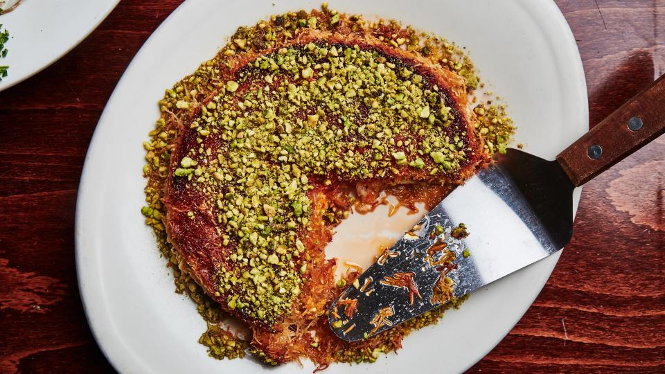 I swoon for the rosewater-scented, pistachio-topped knafeh at Tanoreen.