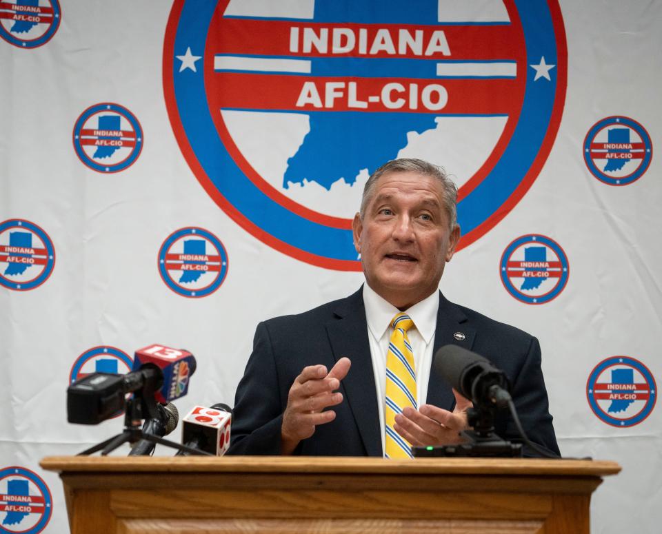 Democratic governor nominee Jennifer McCormick endorsed Terry Goodin as her running mate for lieutenant governor Thursday, June 20, 2024, during a press conference in Indianapolis.