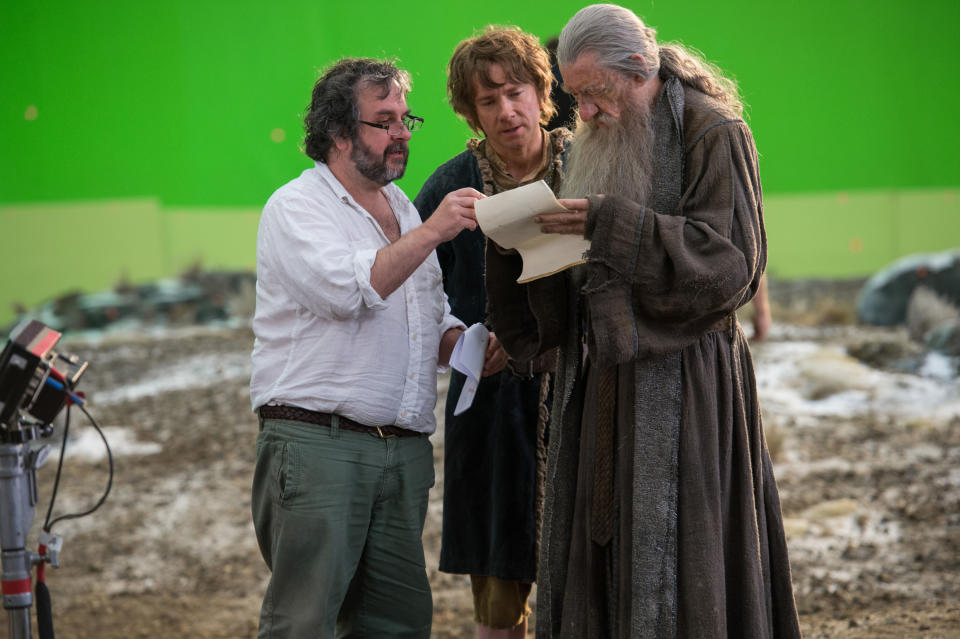 Jackson, Martin Freeman, and Ian McKellen on set in front of a green screen